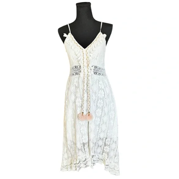 Boho Lace Midi Dress Ivory Crochet Tassel Pom Pom Cottagecore Festival Beach - Picture 1 of 7